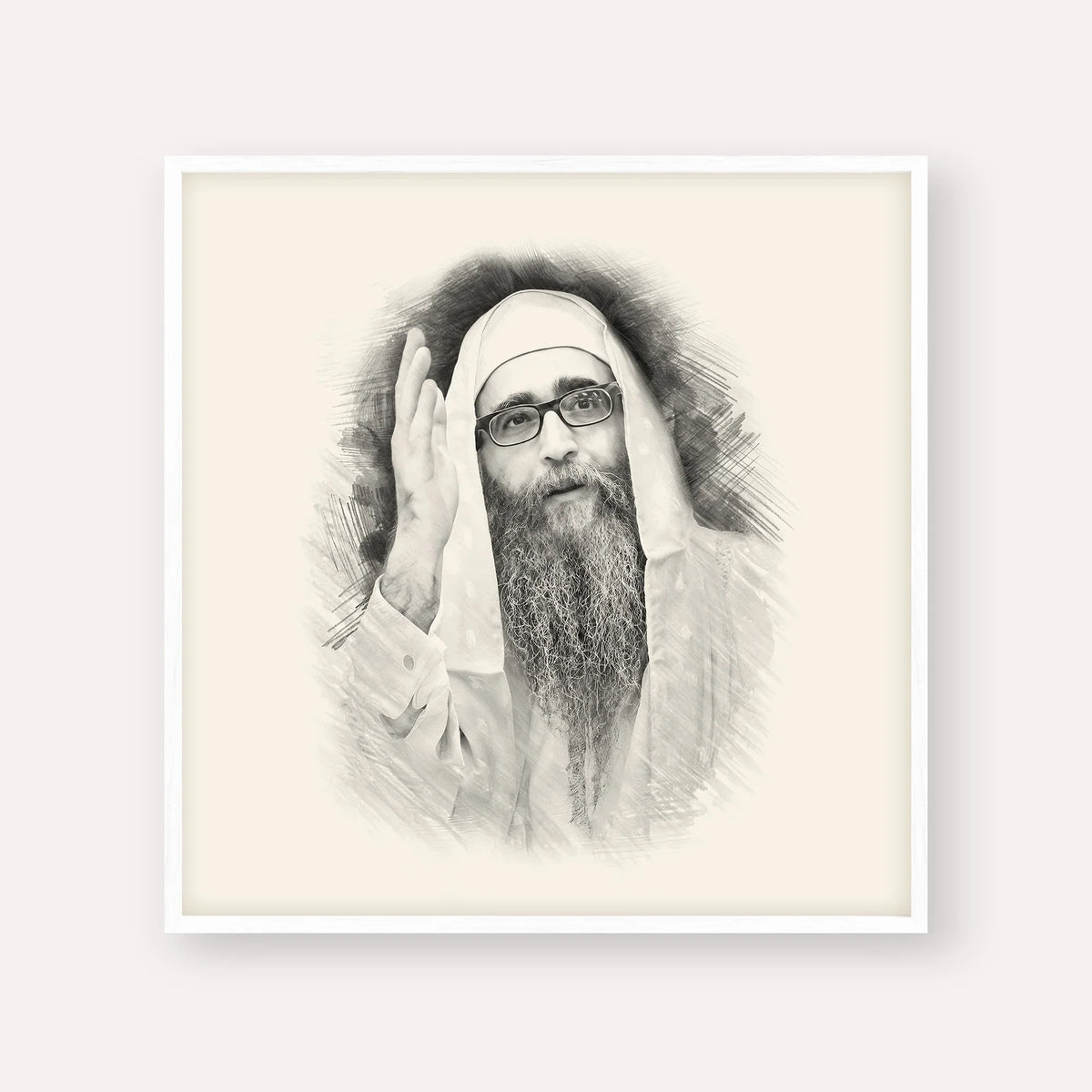 Rabbi Yoshiyahu Yosef Pinto – Black & White – White Frame Square | Jewish Wall Art, Gedolim Pictures
