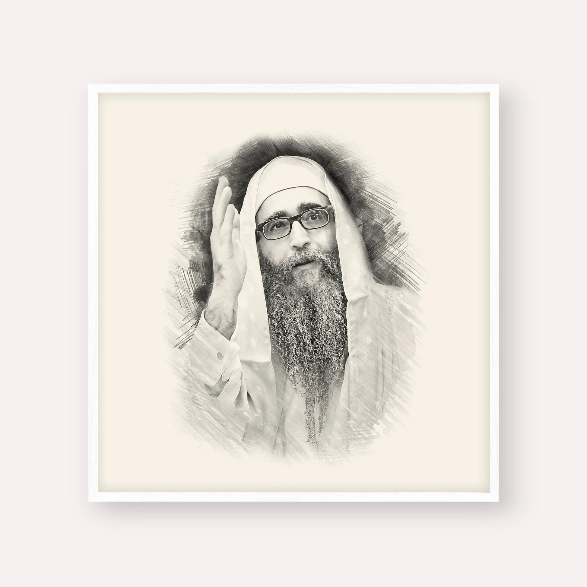 Rabbi Yoshiyahu Yosef Pinto – Black & White – White Frame Square | Jewish Wall Art, Gedolim Pictures