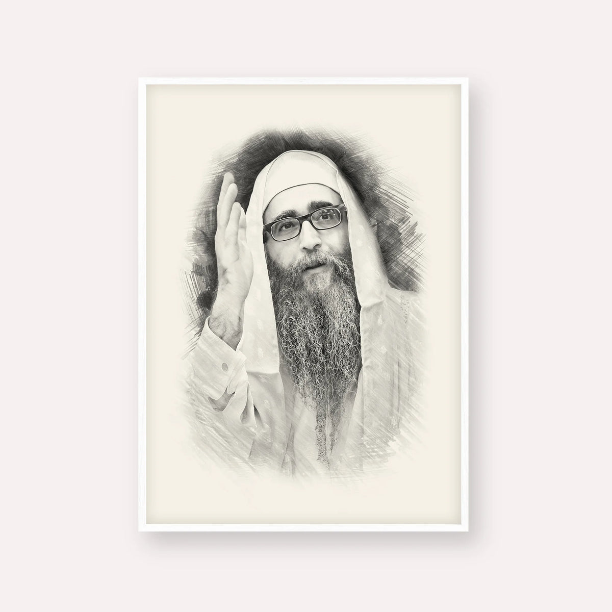 Rabbi Yoshiyahu Yosef Pinto – Black & White – White Frame Vertical | Jewish Wall Art, Gedolim Pictures