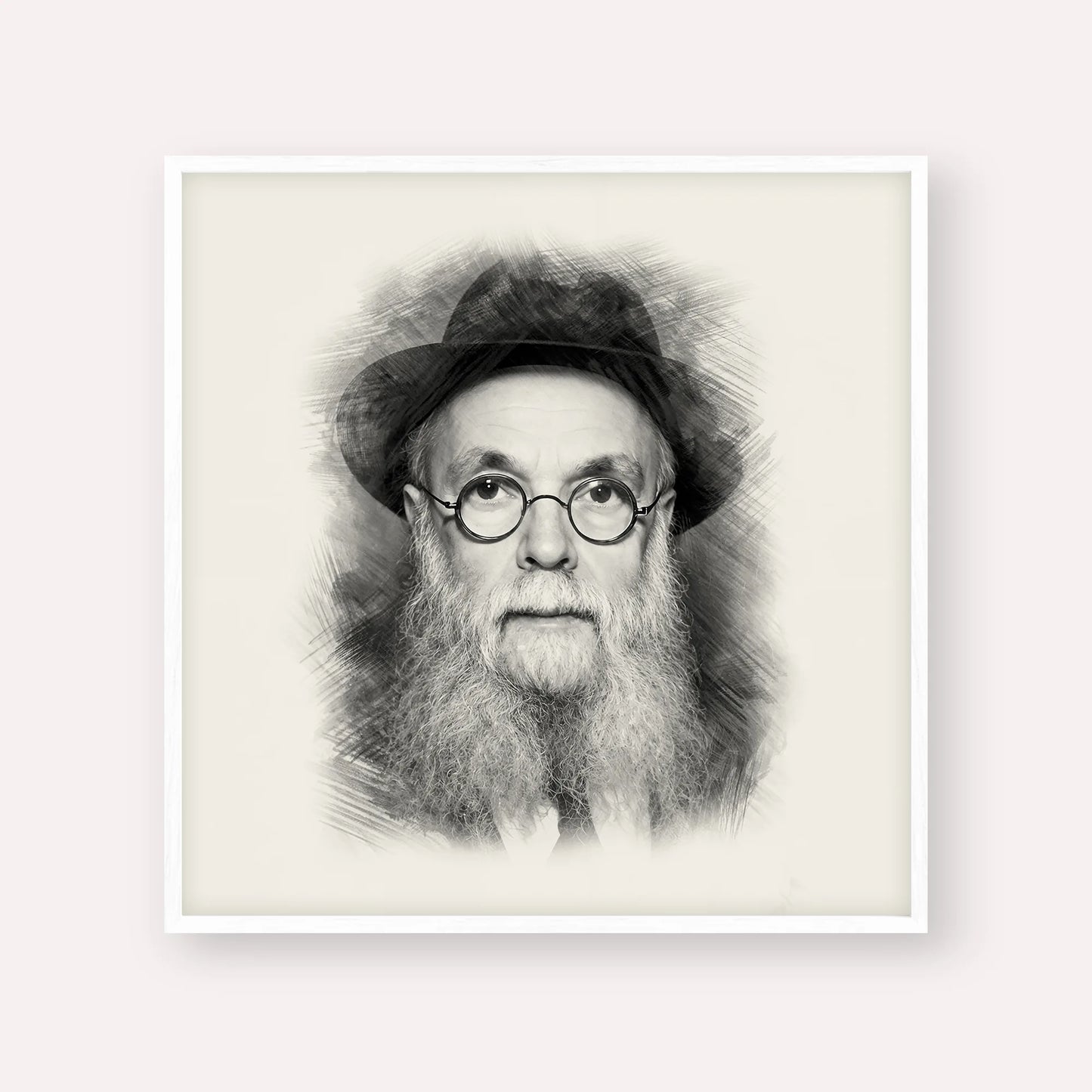Rav Avraham Pam – Black & White – White Frame Square | Jewish Wall Art, Gedolim Pictures