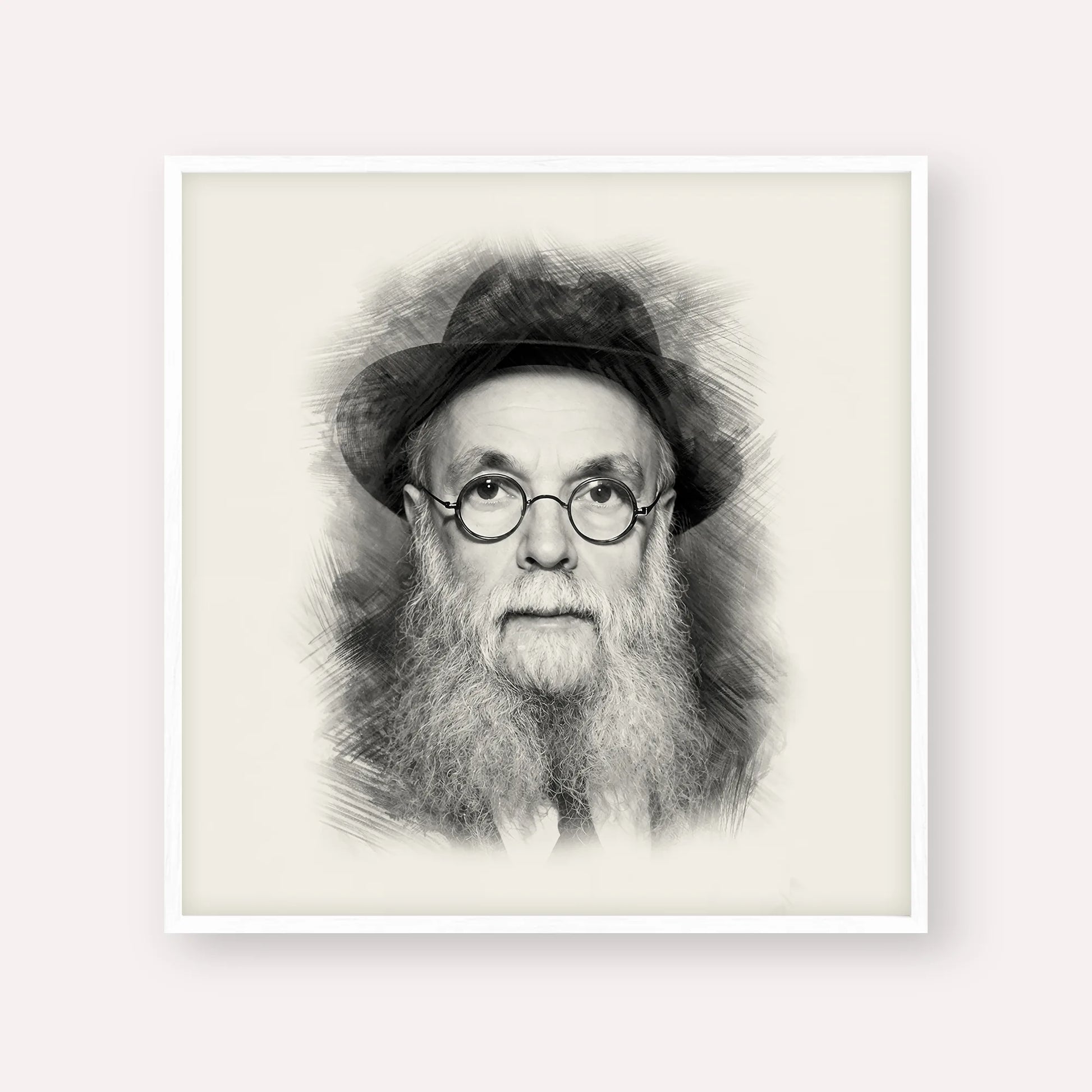 Rav Avraham Pam – Black & White – White Frame Square | Jewish Wall Art, Gedolim Pictures