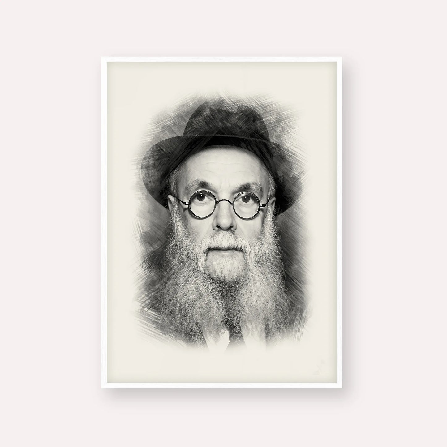 Rav Avraham Pam – Black & White – White Frame Vertical | Jewish Wall Art, Gedolim Pictures