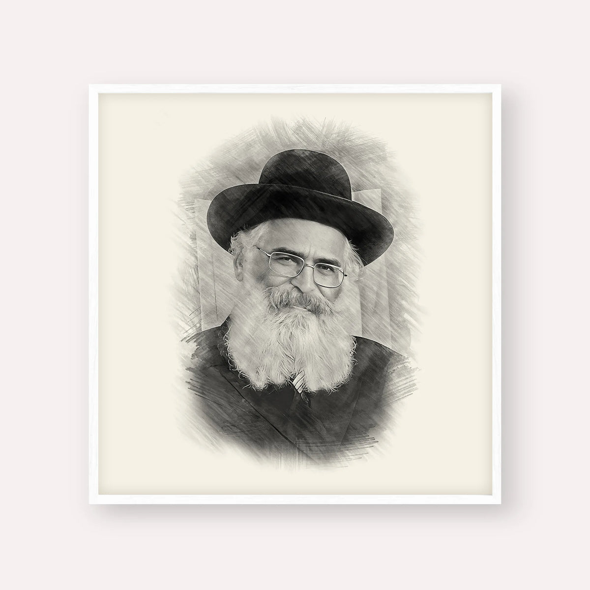 Rav Yoram Abergel – Black & White – White Frame Square | Jewish Wall Art, Gedolim Pictures