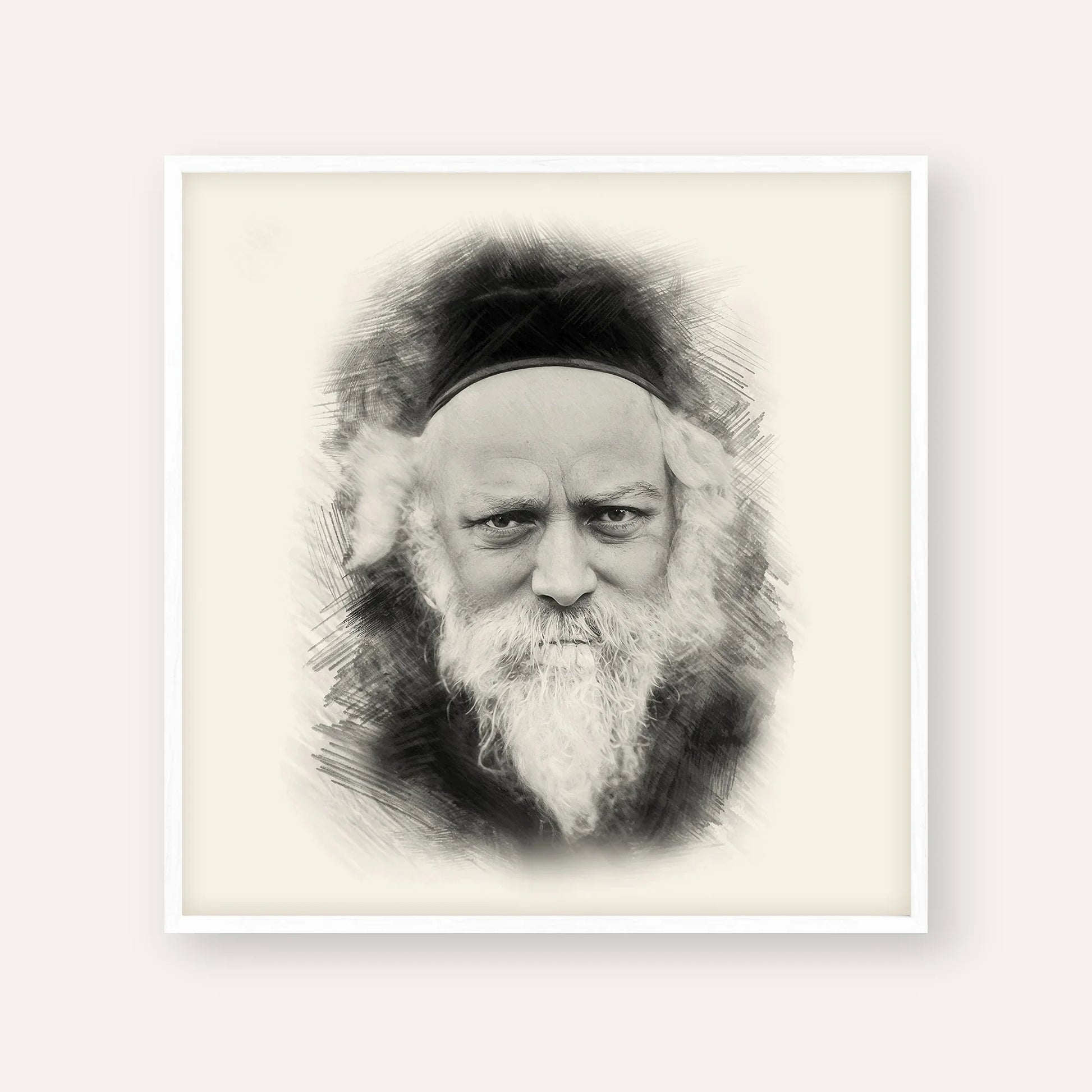 Reb Boruch Ber – Black & White – White Frame Square | Jewish Wall Art, Gedolim Pictures