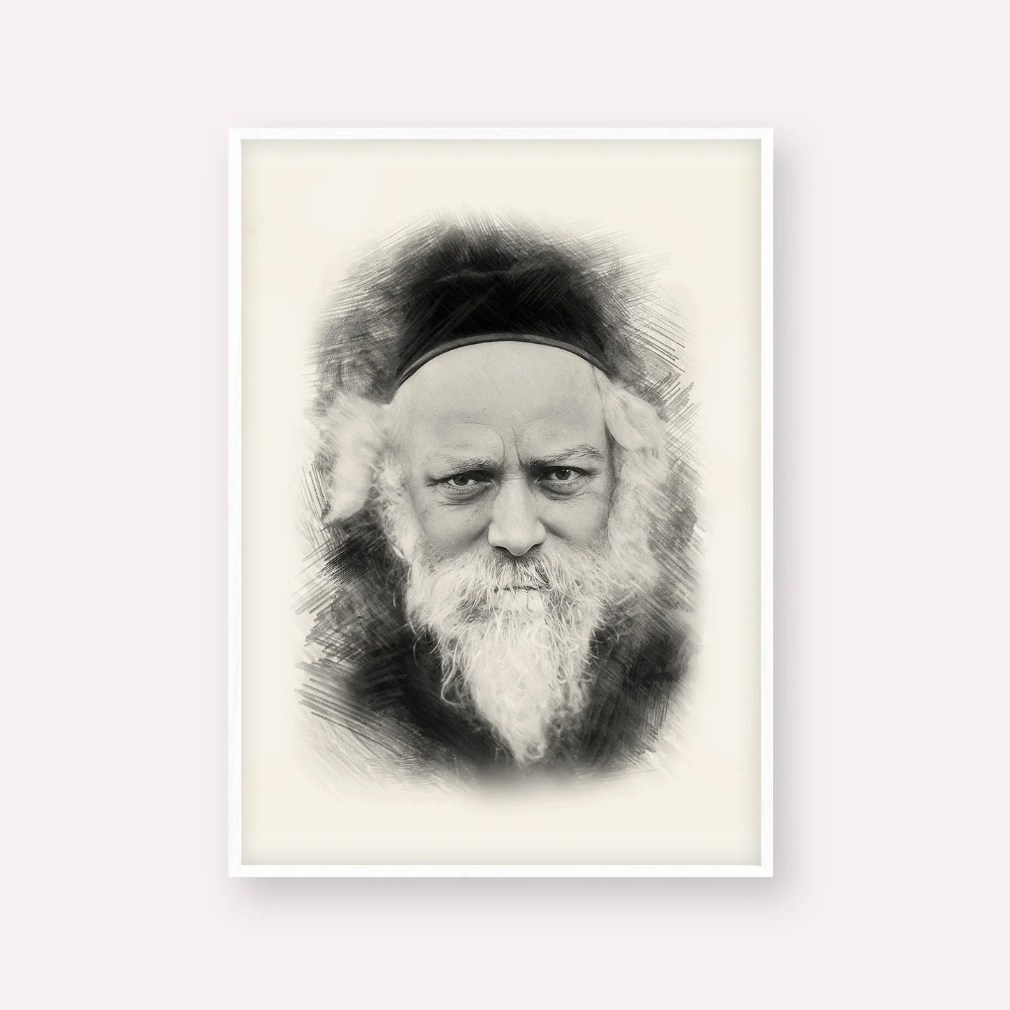 Reb Boruch Ber – Black & White – White Frame Vertical | Jewish Wall Art, Gedolim Pictures