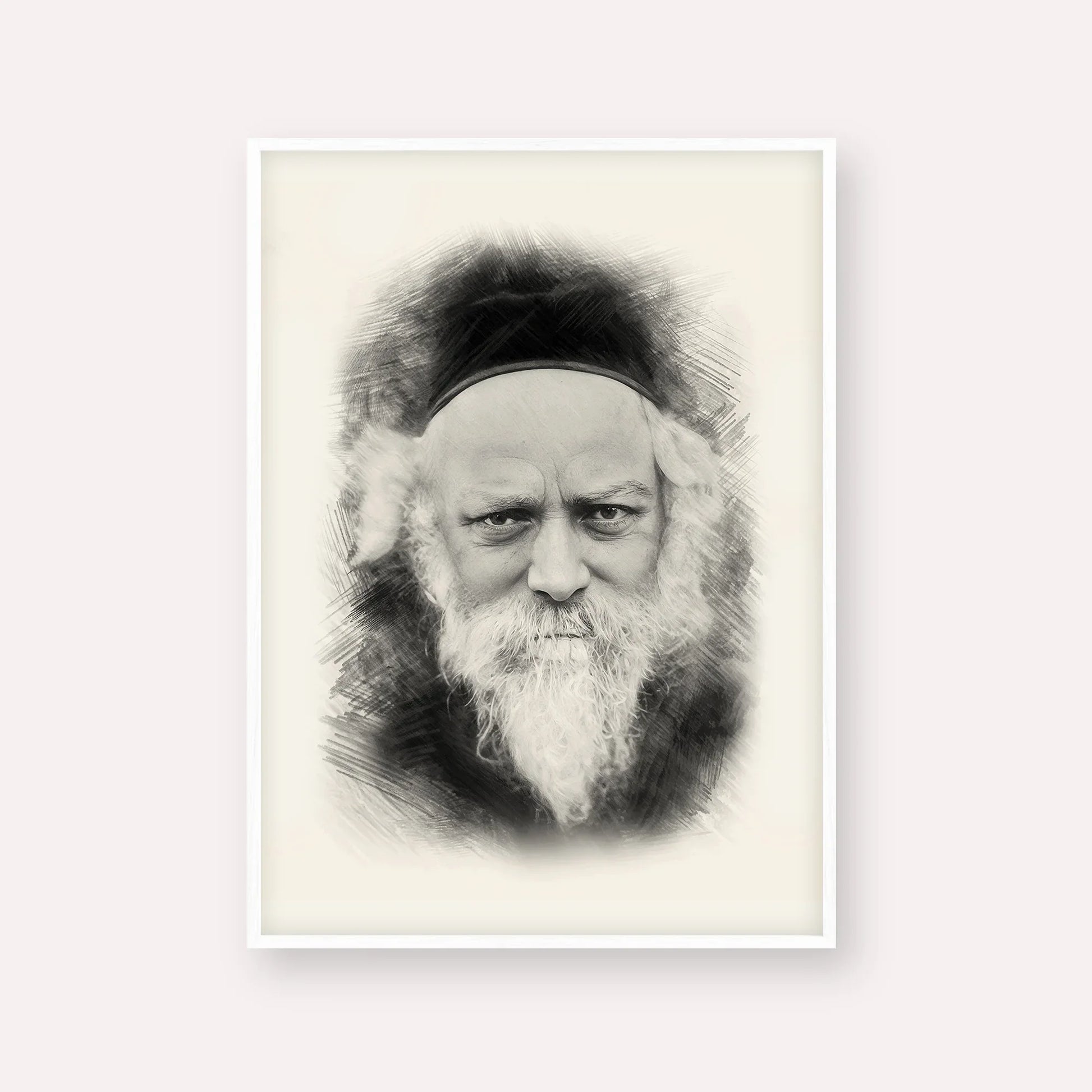 Reb Boruch Ber – Black & White – White Frame Vertical | Jewish Wall Art, Gedolim Pictures