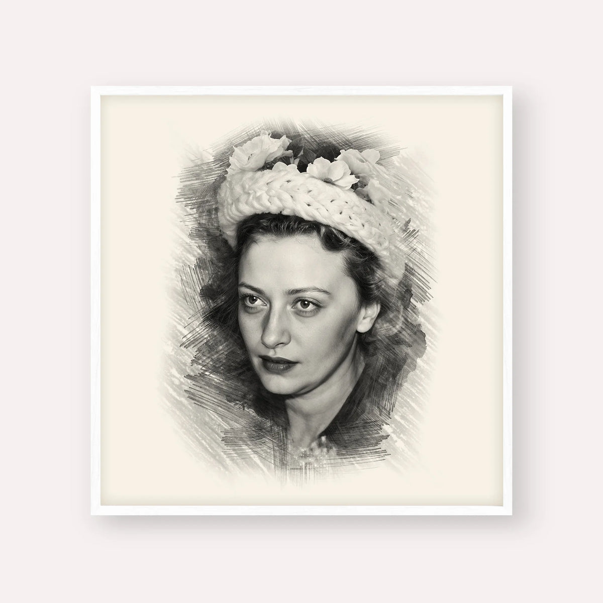 Rebbetzin Chaya Mushka Schneerson – Black & White – White Frame Square | Jewish Wall Art, Gedolim Pictures