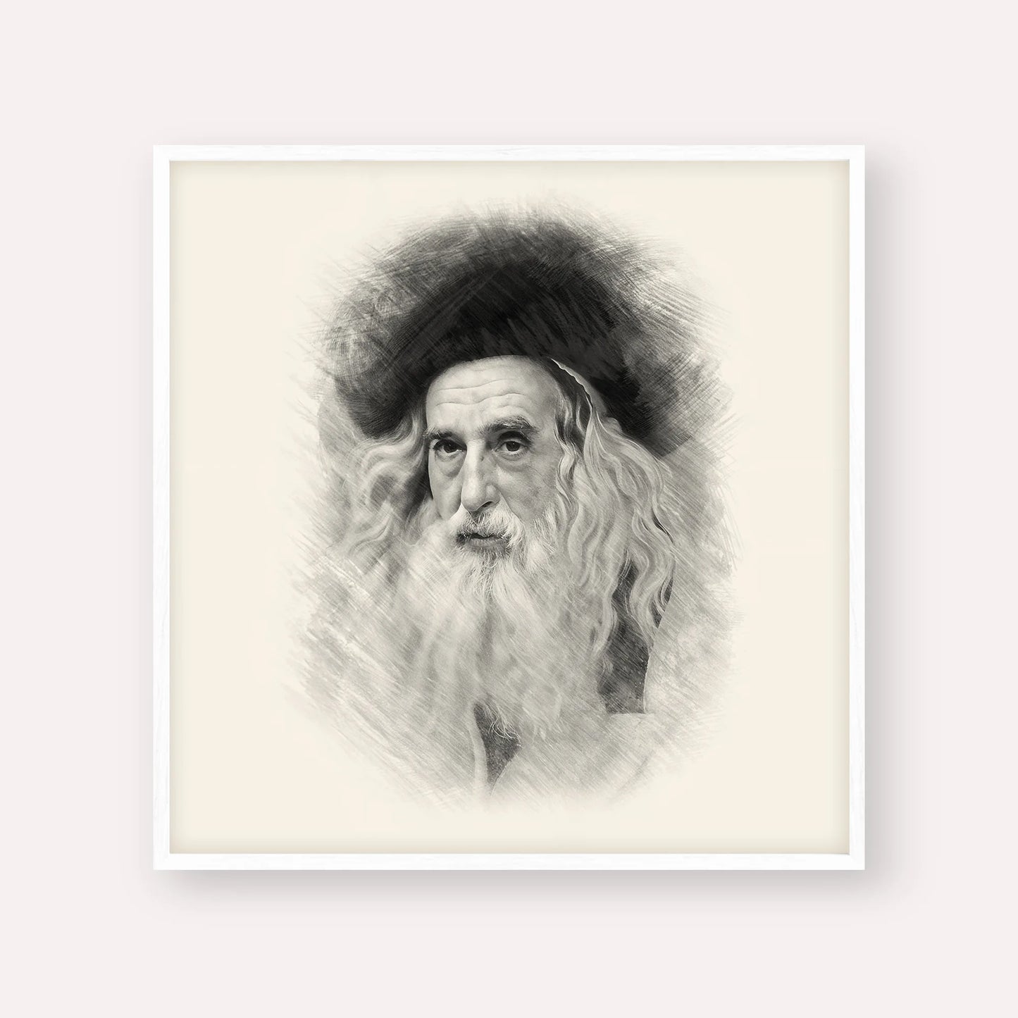 The Ribnitzer – Black & White – White Frame Square | Jewish Wall Art, Gedolim Pictures