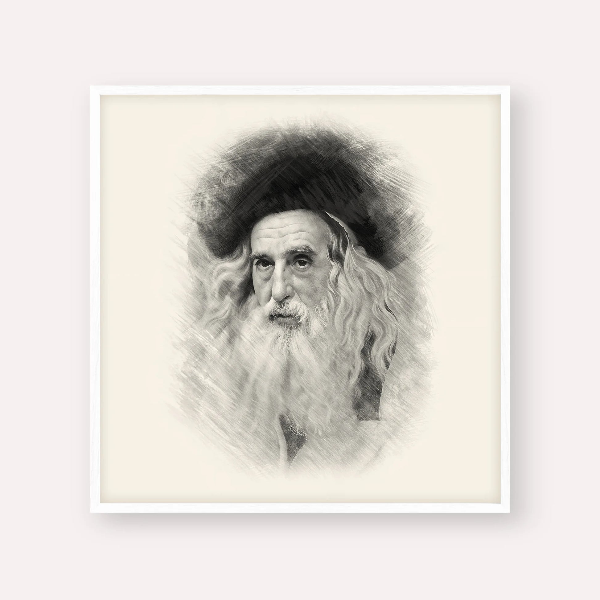 The Ribnitzer – Black & White – White Frame Square | Jewish Wall Art, Gedolim Pictures