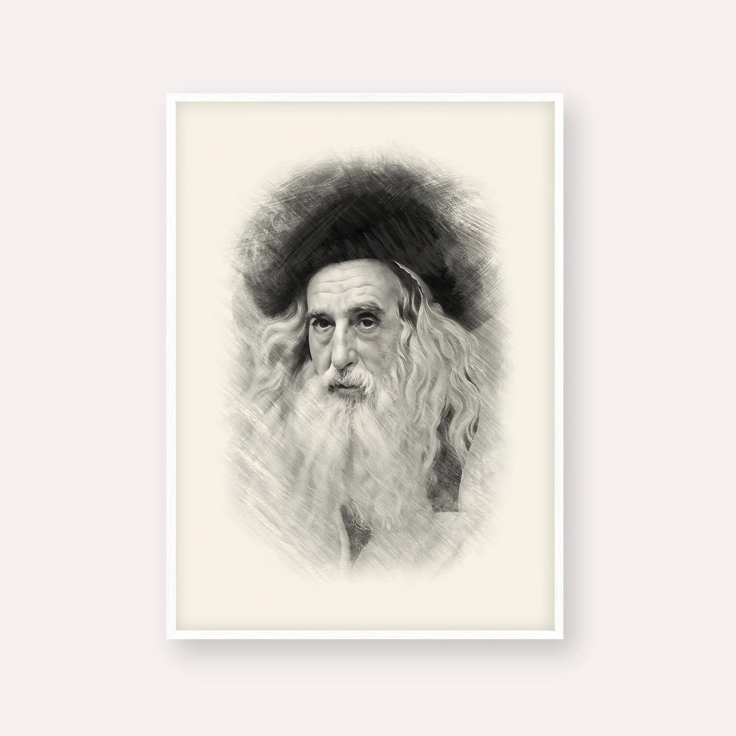 The Ribnitzer – Black & White – White Frame Vertical | Jewish Wall Art, Gedolim Pictures