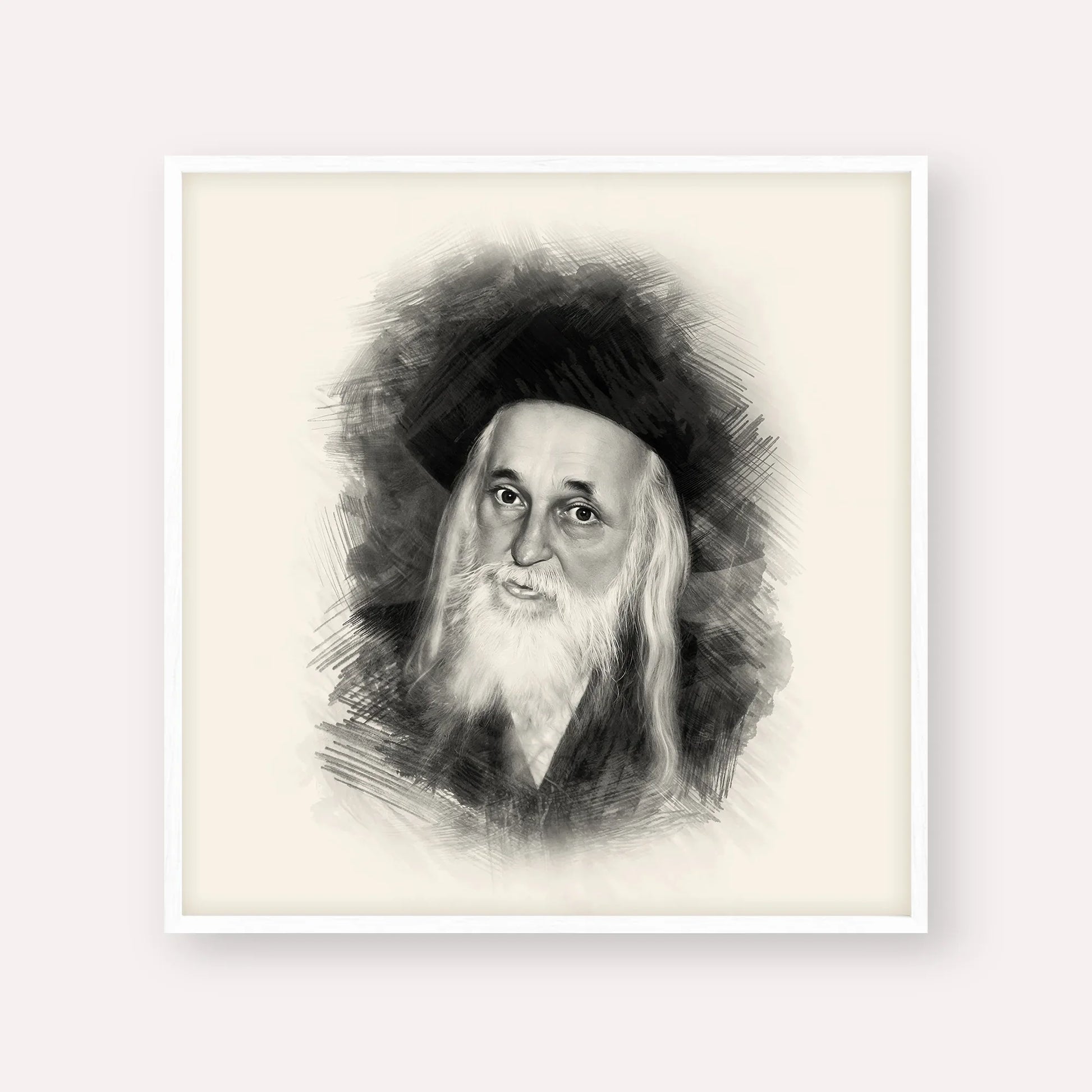 The Satmar Rebbe (Rabbi Yoel Teitelbaum) – Black & White – White Frame Square | Jewish Wall Art, Gedolim Pictures