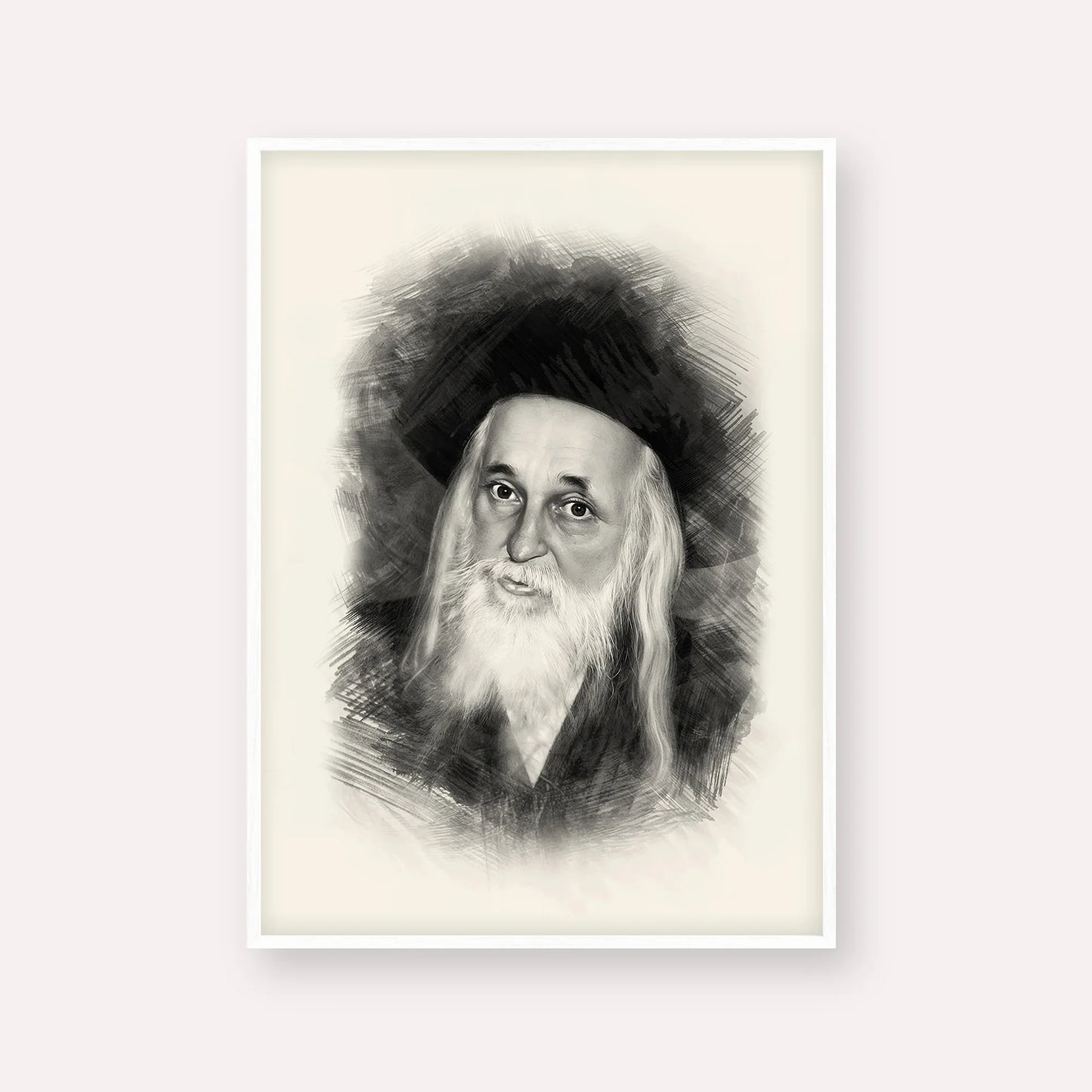 The Satmar Rebbe (Rabbi Yoel Teitelbaum) – Black & White – White Frame Vertical | Jewish Wall Art, Gedolim Pictures