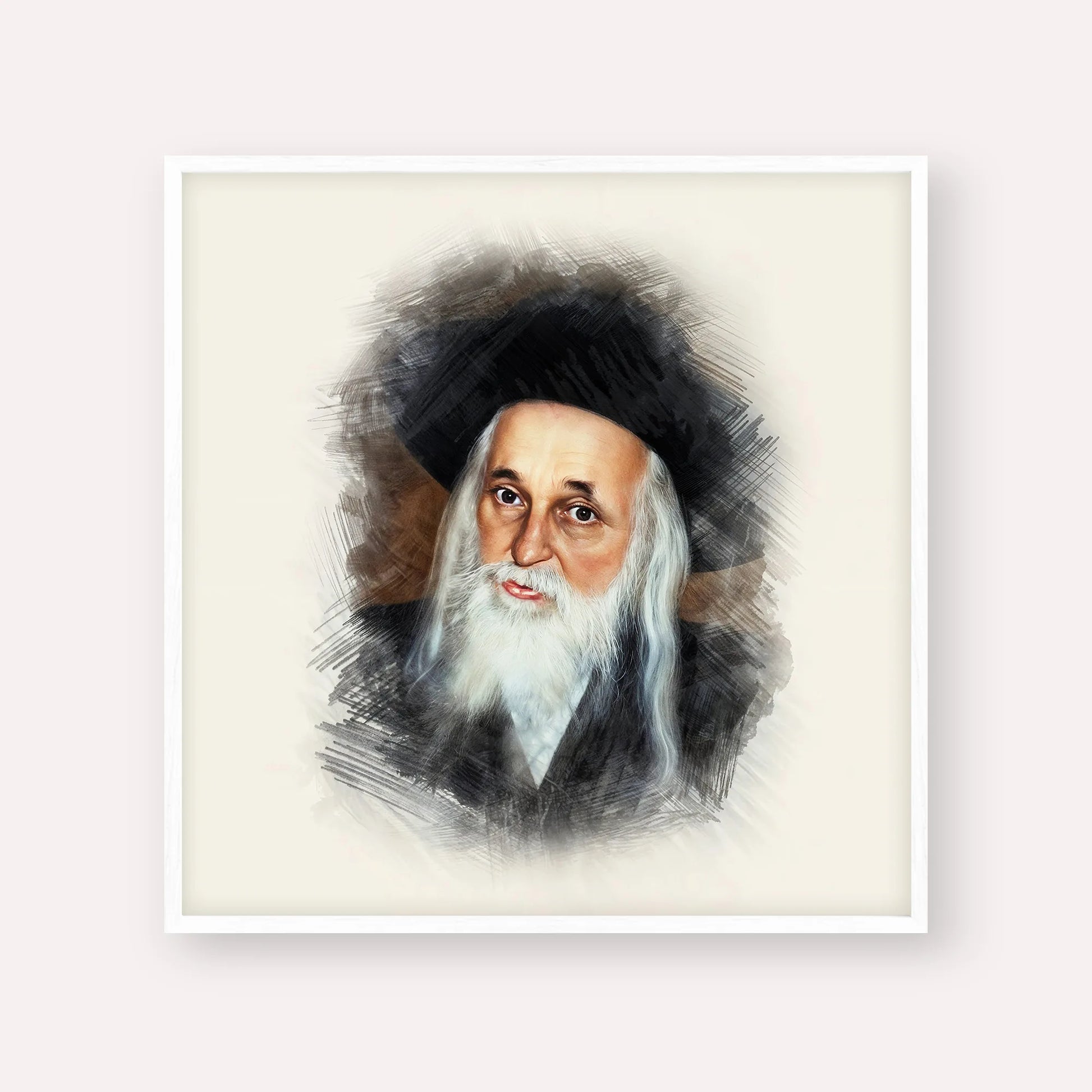 The Satmar Rebbe (Rabbi Yoel Teitelbaum) – White Frame Square | Jewish Wall Art, Gedolim Pictures