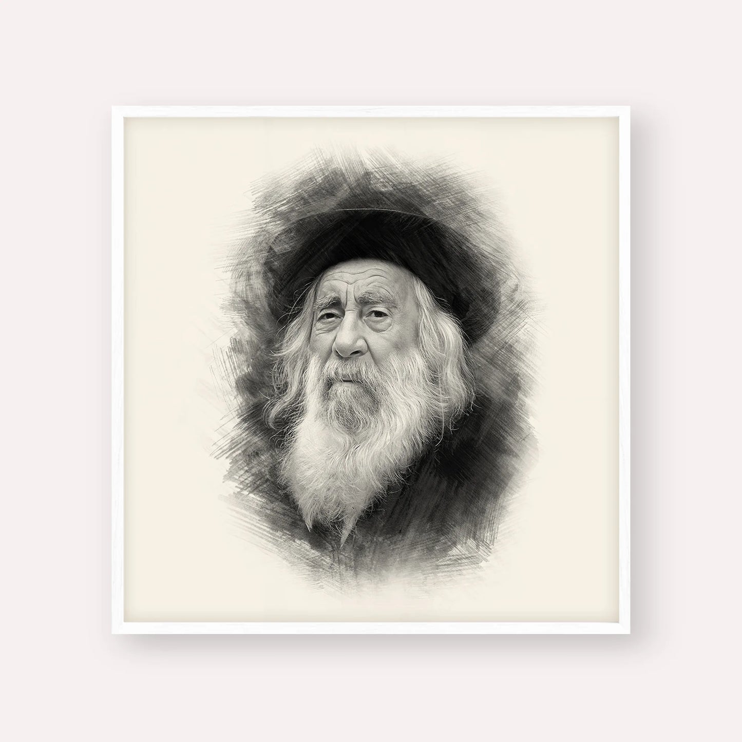 The Steipler – Black & White – White Frame Square | Jewish Wall Art, Gedolim Pictures