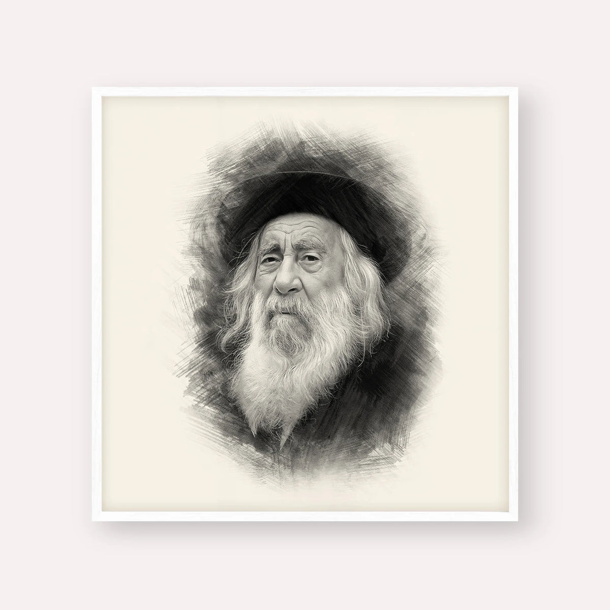 The Steipler – Black & White – White Frame Square | Jewish Wall Art, Gedolim Pictures