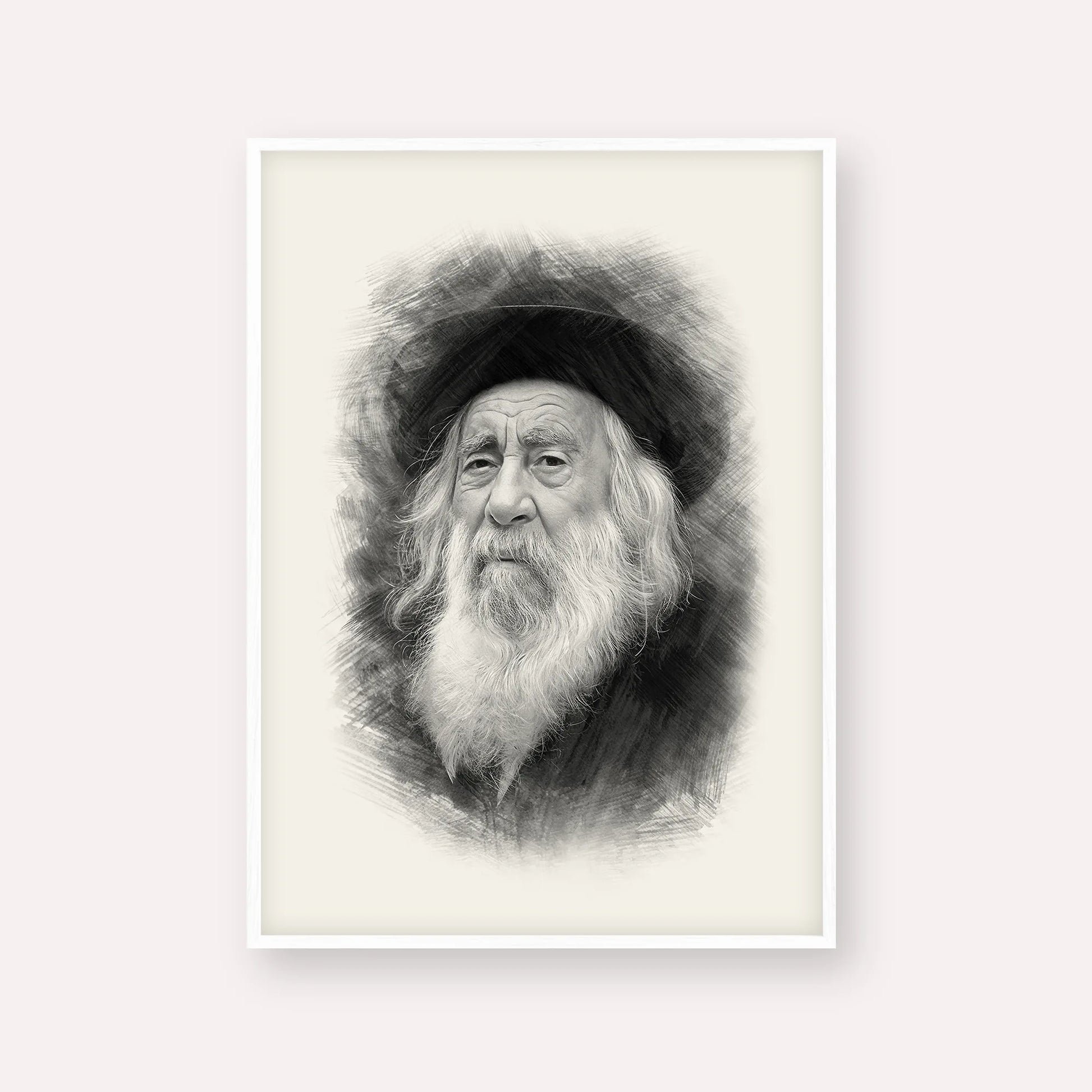 The Steipler – Black & White – White Frame Vertical | Jewish Wall Art, Gedolim Pictures