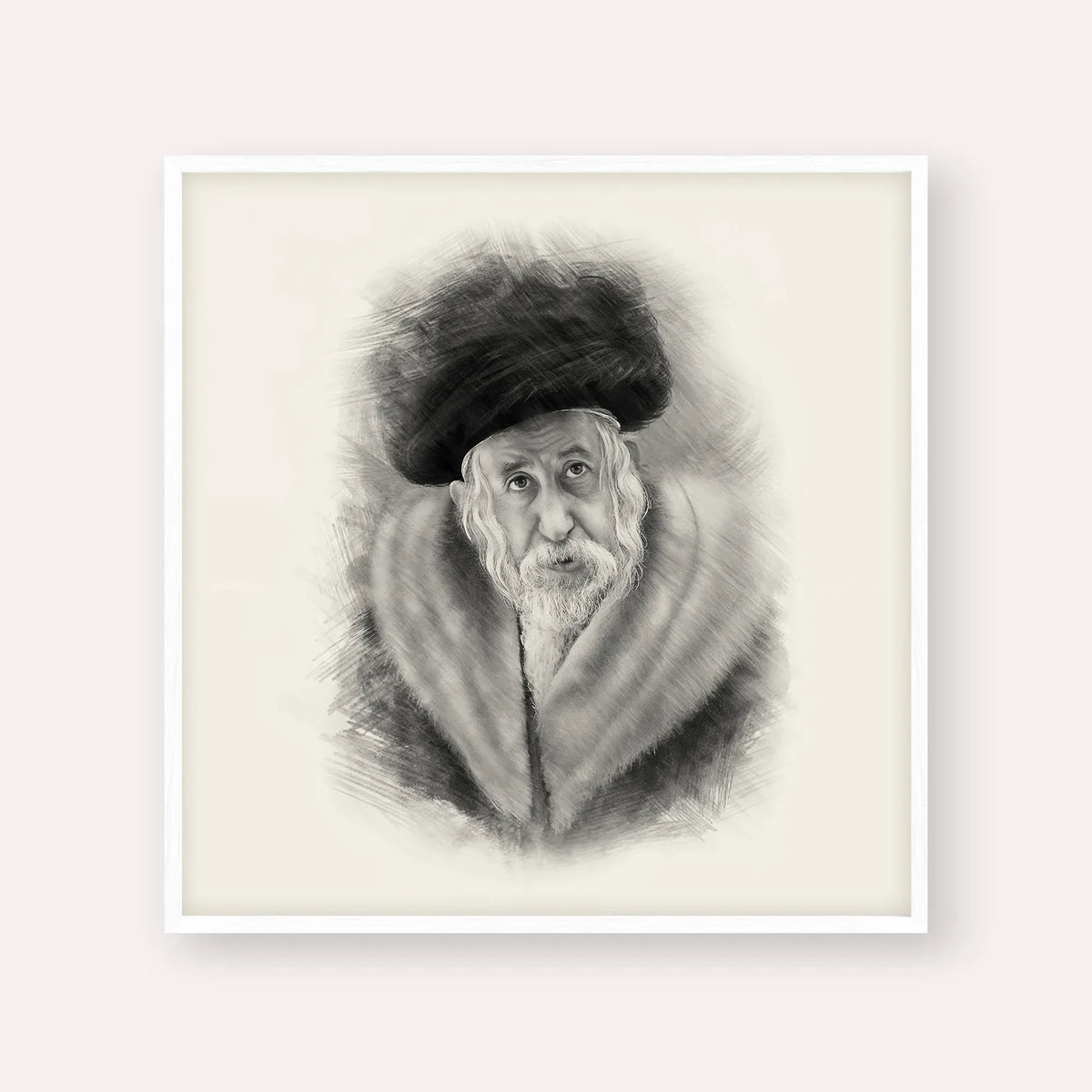 The Tosher Rebbe – Black & White – White Frame Square | Jewish Wall Art, Gedolim Pictures