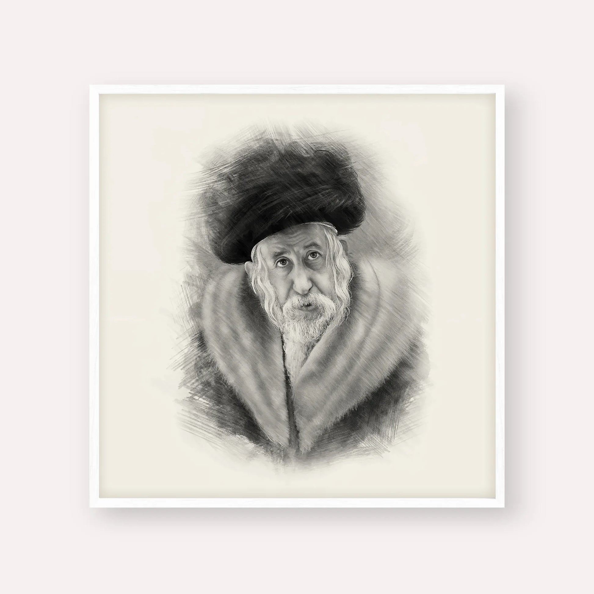 The Tosher Rebbe – Black & White – White Frame Square | Jewish Wall Art, Gedolim Pictures