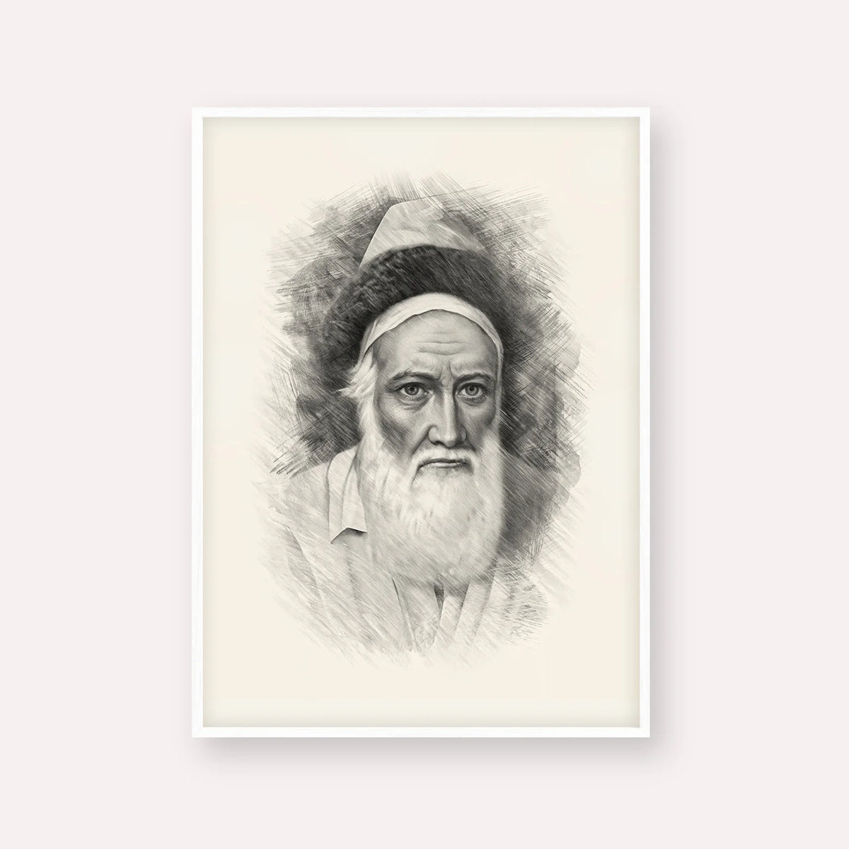 Tzemach Tzedek – Black & White – White Frame Vertical | Jewish Wall Art, Gedolim Pictures