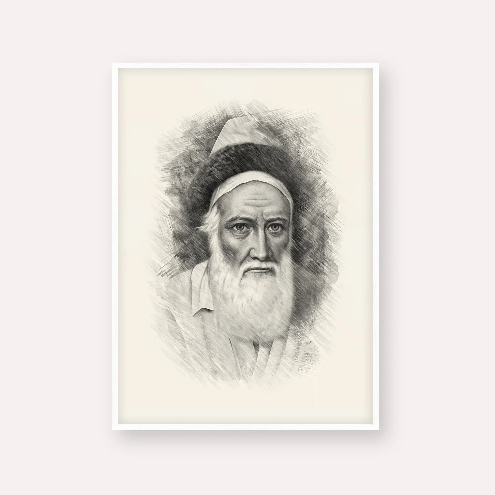 Tzemach Tzedek – Black & White – White Frame Vertical | Jewish Wall Art, Gedolim Pictures
