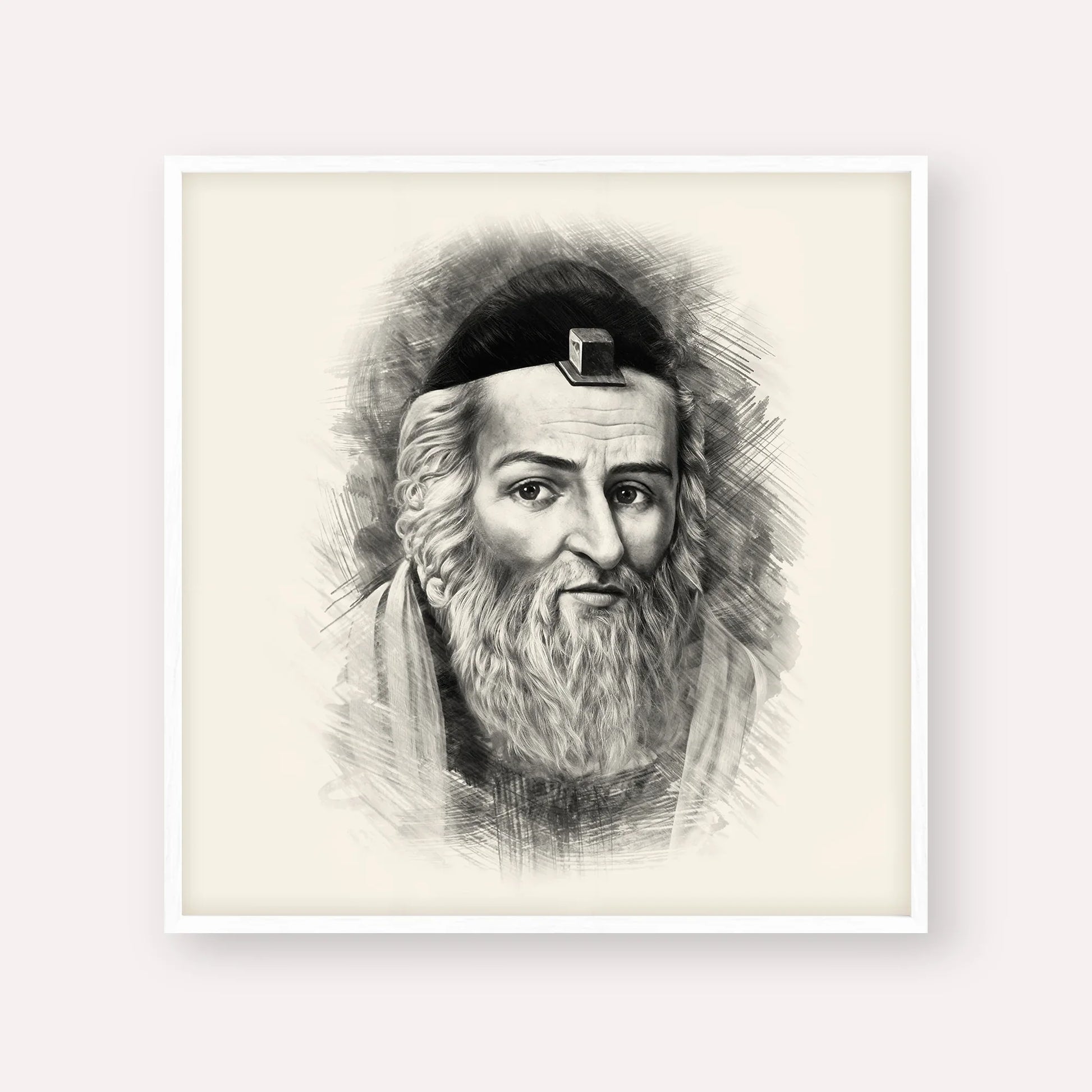 Vilna Gaon – Black & White – White Frame Square | Jewish Wall Art, Gedolim Pictures