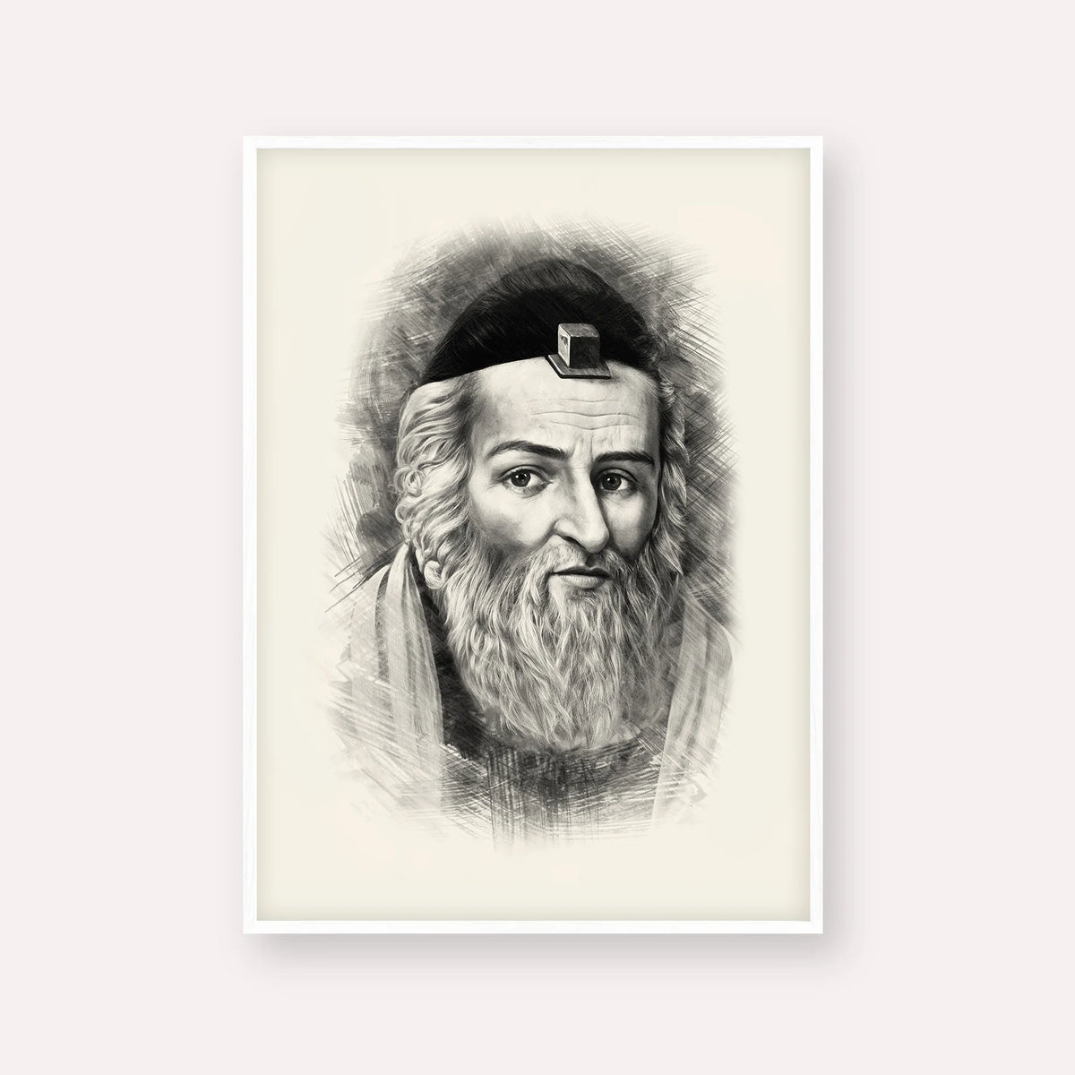 Vilna Gaon – Black & White – White Frame Vertical | Jewish Wall Art, Gedolim Pictures