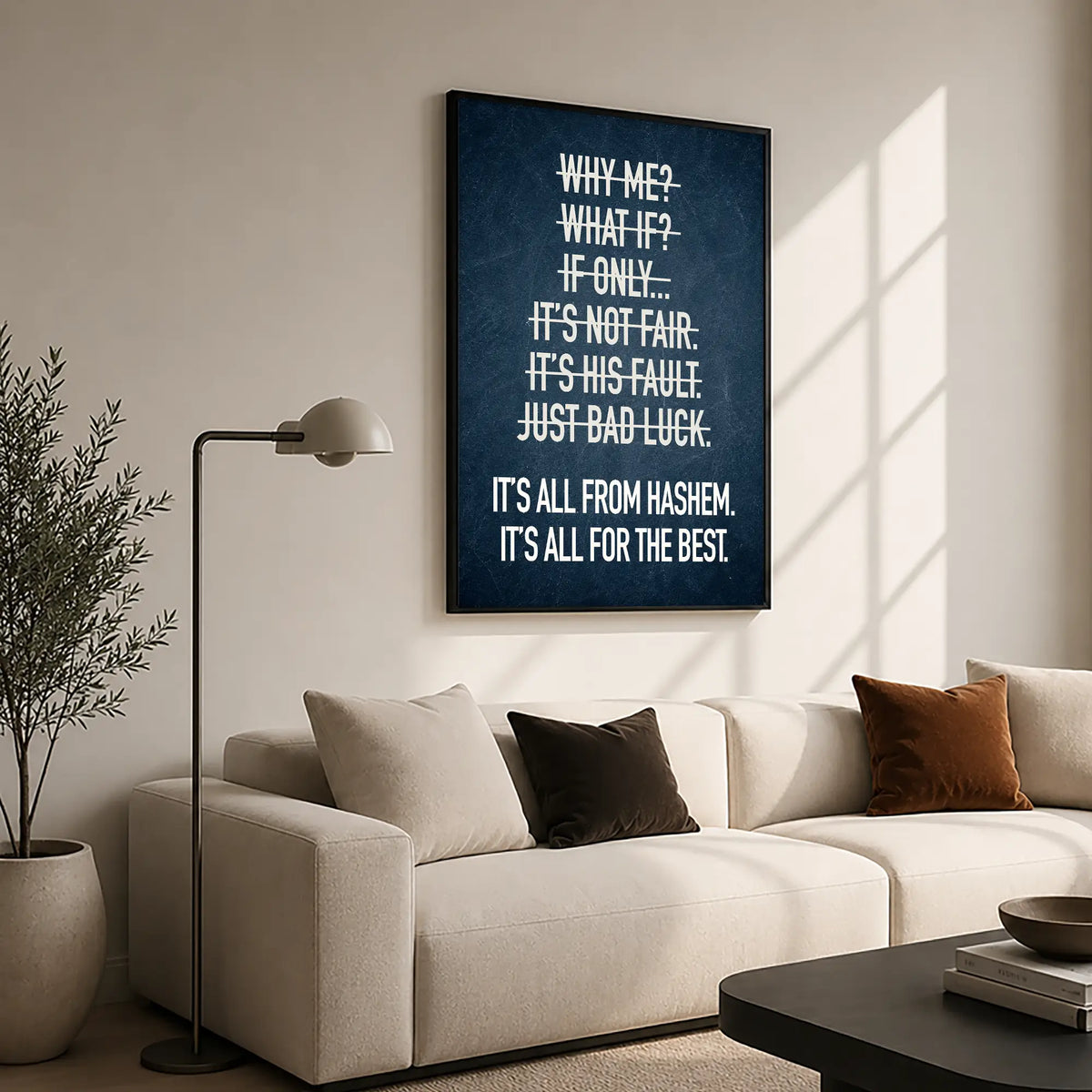 It's All From Hashem black framed Jewish wall art hanging above living room sofa