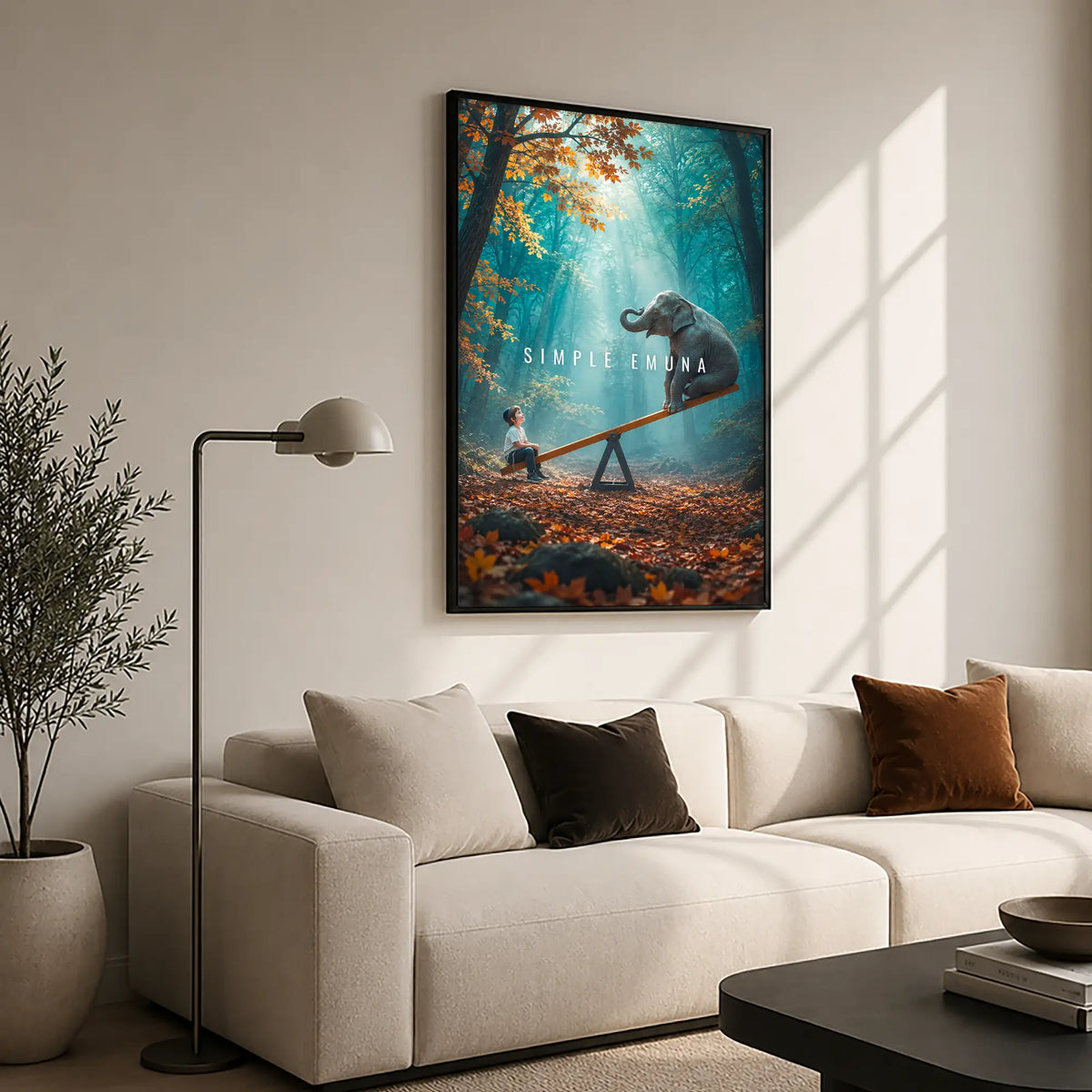 Simple Emuna black framed Jewish wall art hanging on a wall – Emuna Pshuta decor